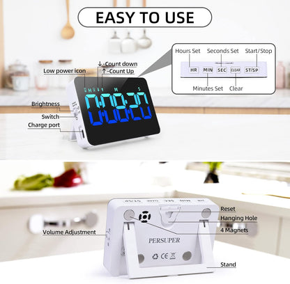 PERSUPER Digital Timer Kitchen Timer Count Down Up Rechargeable Kitchen Gadgets Vibration Mode Adjustable Volume and Brightness LED Display Time Management for Cook, Desk, Kids Adults Study Teaching