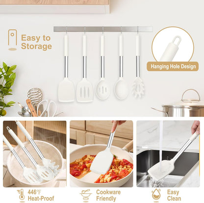 TeamFar Cooking Utensils Set, 5 PCS Silicone Kitchen Utensils with Stainless Steel Handle, for Nonstick Cookware Flipping Frying Turning Draining, Heatproof & Healthy, Nonstick & Easy Clean, Black