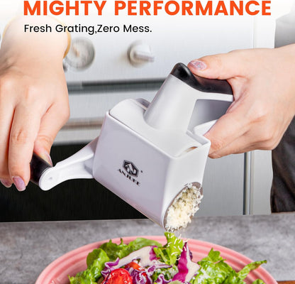 Heavy Duty Rotary Cheese Grater with Ergonomic Handle – Manual Hand Crank Shredder with 2 Stainless Steel Drums (Fine & Coarse) – Dishwasher Safe Grinder for Parmesan, Chocolate & Nuts