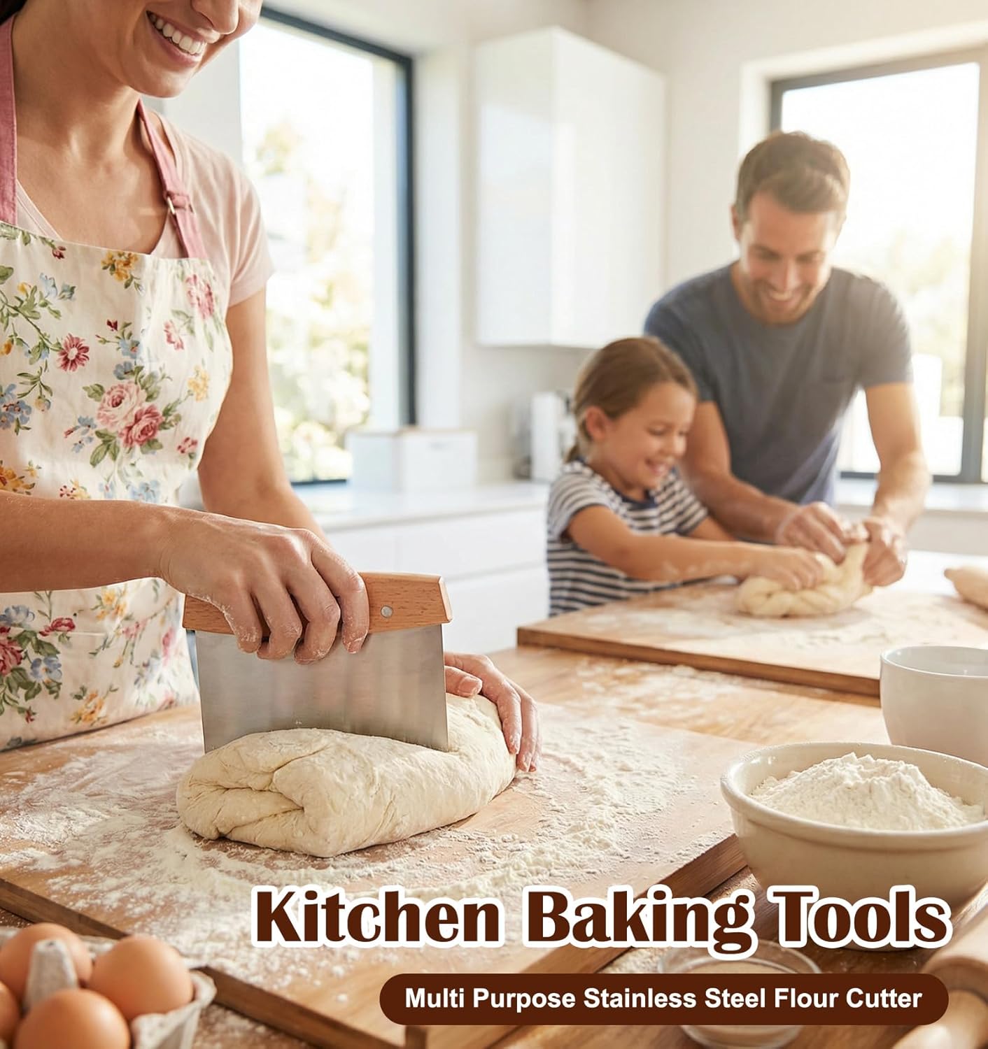 Bench Scraper Stainless Steel, Heavy Duty Bench Scrapper Kitchen & Dough Scraper Cutter, 8 Inch Multi-Purpose Kitchen Tool for Baking, Bread, Pizza and Counter Cleaning