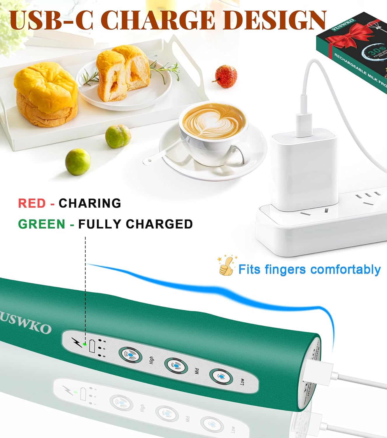 YUSWKO Black Handheld Milk Frother Wand for Coffee, Rechargeable Electric Whisk with 3 Heads 3 Speeds Drink Mixer Coffee Frother For Latte, Cappuccino, Hot Chocolate, Egg