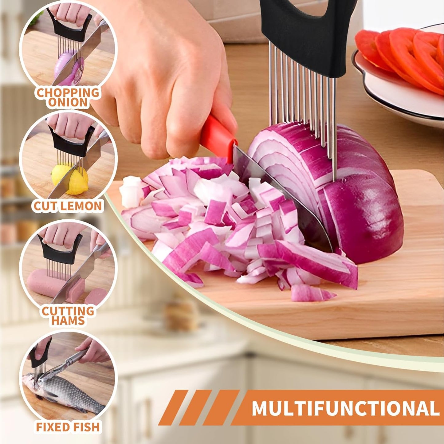 2PCs Stainless Steel Onion Slicer Holder, Onion Cutter Holder for Slicing of Onions,Tomatoes,Avocados,Eggs and Other Vegetables,KItchen Utensils (Orange & Black)