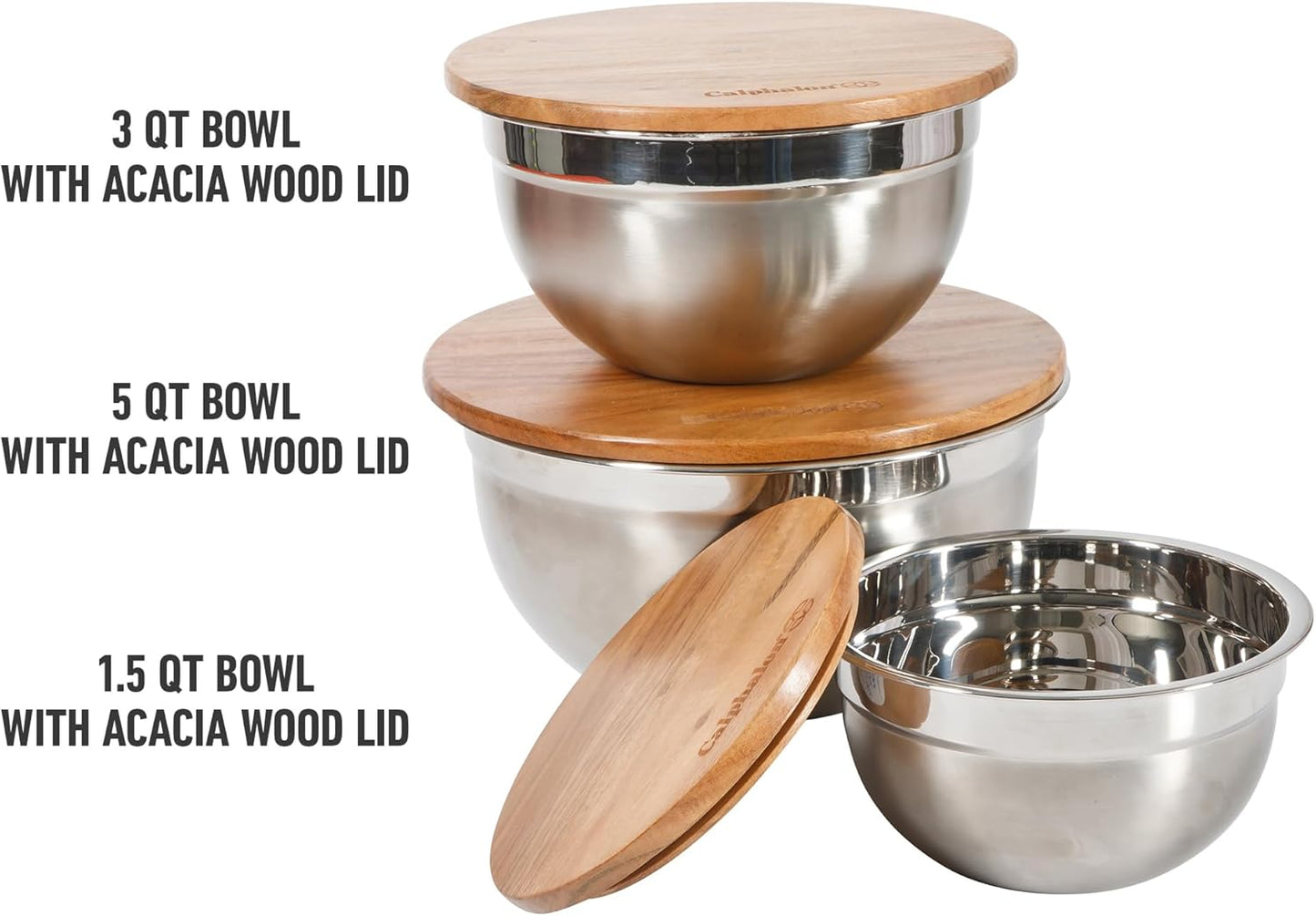 Calphalon Orbit 3 Piece Mixing Bowl Set with Acacia Wood Lids, Nesting Kitchen Mixing Bowls for Baking, Cooking, Meal Prep and Food Storage, Durable Design with Airtight Style Covers