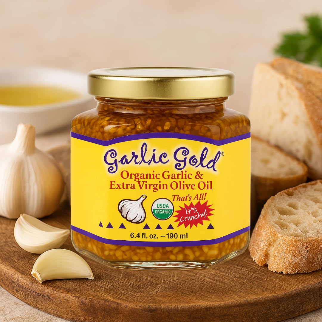 Garlic Gold Toasted Granules in Extra Virgin Olive Oil, USDA Organic Certified Minced Garlic, Sodium Free, Non GMO & Vegan, Keto & Paleo Friendly (6.4 Oz, 2 Pack)