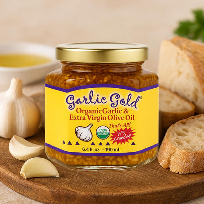 Garlic Gold Toasted Granules in Extra Virgin Olive Oil, USDA Organic Certified Minced Garlic, Sodium Free, Non GMO & Vegan, Keto & Paleo Friendly (6.4 Oz, 2 Pack)