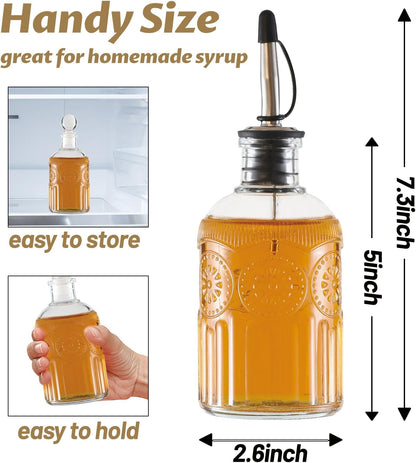 Retro Glass Syrup Dispenser Bottle 7oz, Oil and Vinegar Cruet with Stainless Steel Pour Spout, Labels, Funnel & Stopper(Sunflower)
