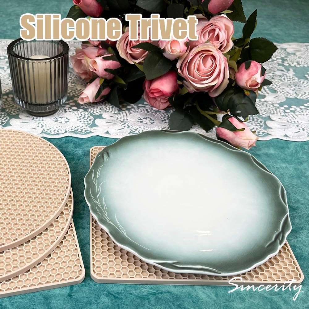 4 Pieces Silicone Trivet Mats, Pot Holders, Kitchen Tools, Heat Resistant Non-Slip Durable Pads for Dishes, Bowls, Jar Opener, Easy to Wash and Dry Pan Cushions (Beige)