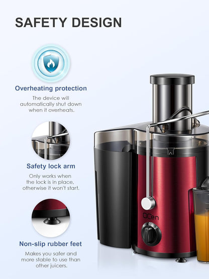 Qcen Juicer Machine, 500W Centrifugal Juicer Extractor with Wide Mouth 3” Feed Chute for Fruit Vegetable, Easy to Clean, Stainless Steel, BPA-free (Black)