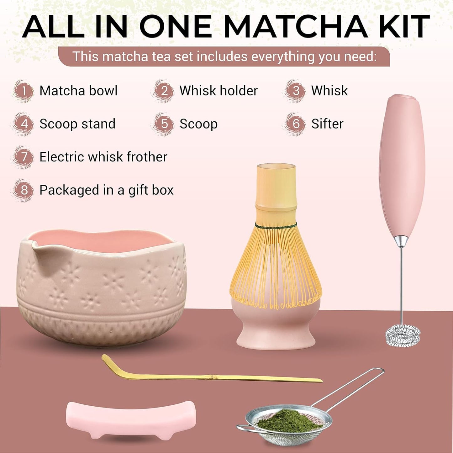 Matcha Whisk Set with Matcha Bowl - Matcha Set Included Electric Frother, Bamboo Whisk, Matcha Spoon, Bamboo Holder, Sifter, Spoon Stand (Blossom Pink)