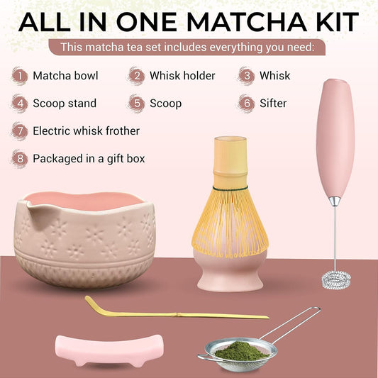 Matcha Whisk Set with Matcha Bowl - Matcha Set Included Electric Frother, Bamboo Whisk, Matcha Spoon, Bamboo Holder, Sifter, Spoon Stand (Blossom Pink)