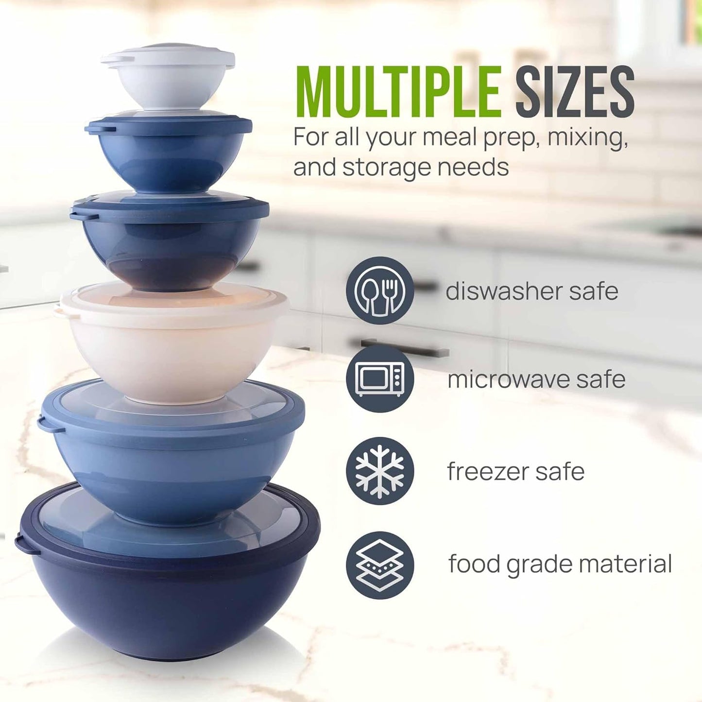 Zulay Kitchen 12 Piece Plastic Mixing Bowls with Lids Set - Leak-Proof Microwave & Freezer Safe Stackable Mixing Bowl Set for Preparing, Serving and Storing - Non-Slip Large Nesting Bowls (Blue Ombre)