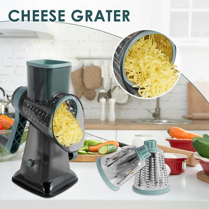 Rotary Cheese Grater with Handle, Shredder Slicer Grinder 3 Stainless Steel Blades Manual Cheese Cutter Hand Crank Graters for Kitchen Potato Zucchini Carrot Potato Vegetable Nuts Chocolate