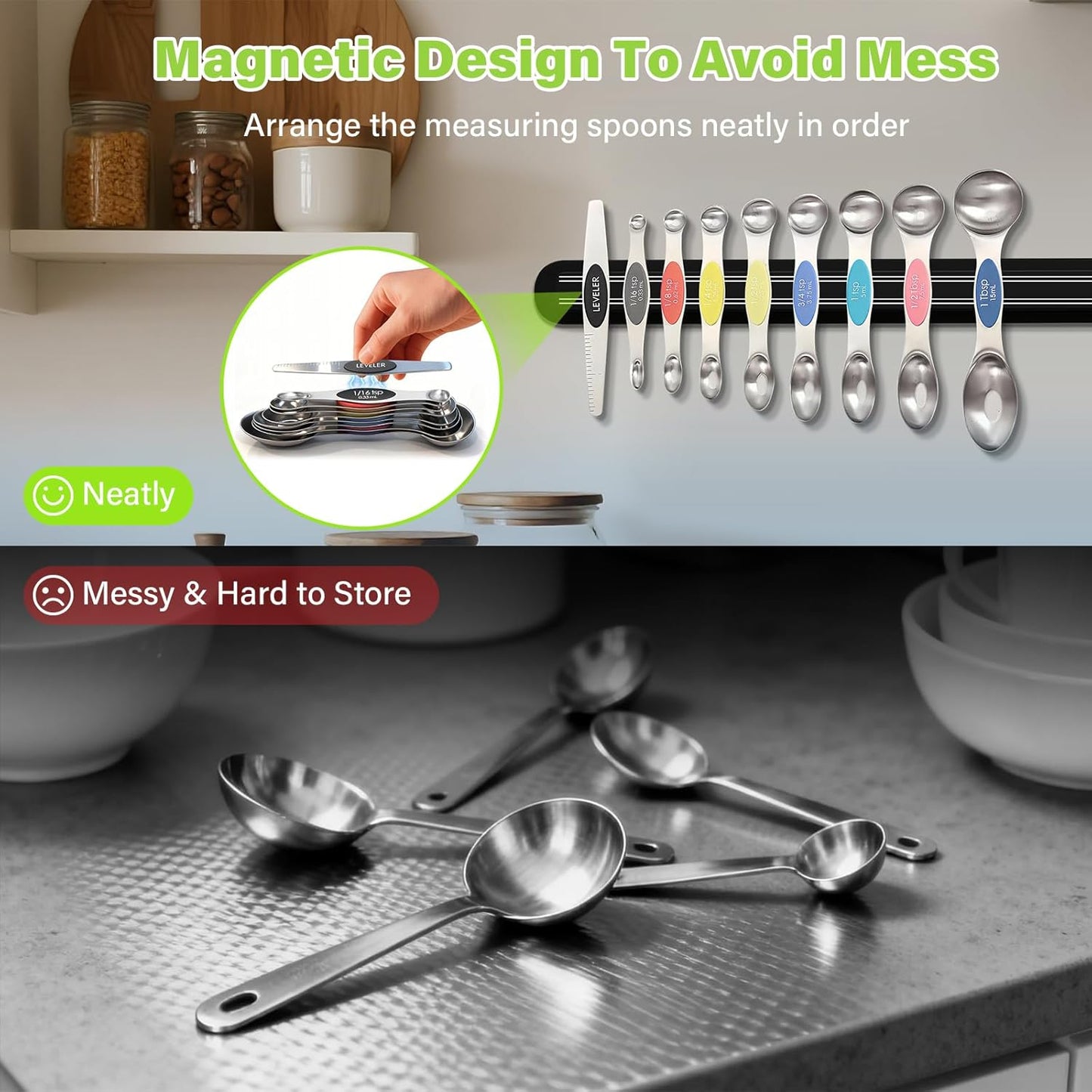 Stainless Steel Magnetic Measuring Spoons Set of 9 with Leveler,Dual Sided, Stackable, Adjustable Teaspoon and Tablespoon, Measuring Liquids and Dry Ingredients, Baking& Cooking Gadgest,Multicolor