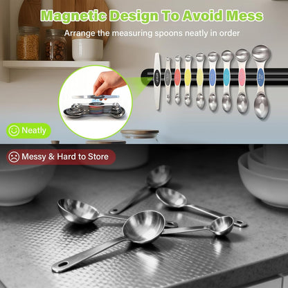 Stainless Steel Magnetic Measuring Spoons Set of 9 with Leveler,Dual Sided, Stackable, Adjustable Teaspoon and Tablespoon, Measuring Liquids and Dry Ingredients, Baking& Cooking Gadgest,Multicolor