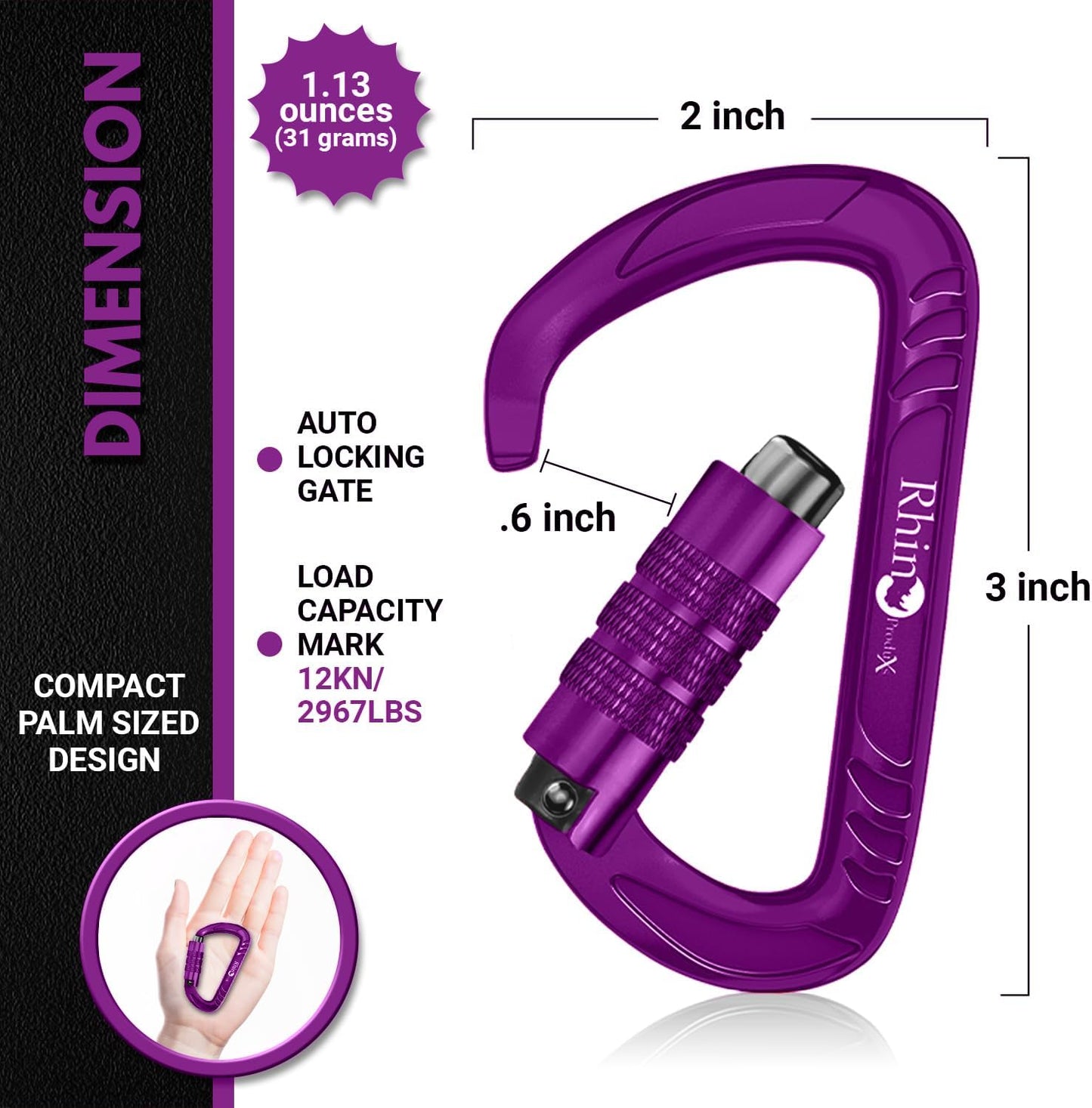 Rhino Produxs 12kN (2697 lbs) Heavy Duty Carabiner Clips, for Securing Pets, Outdoor, Camping, Hiking, Hammock, Dog Leash Harness, Keychains