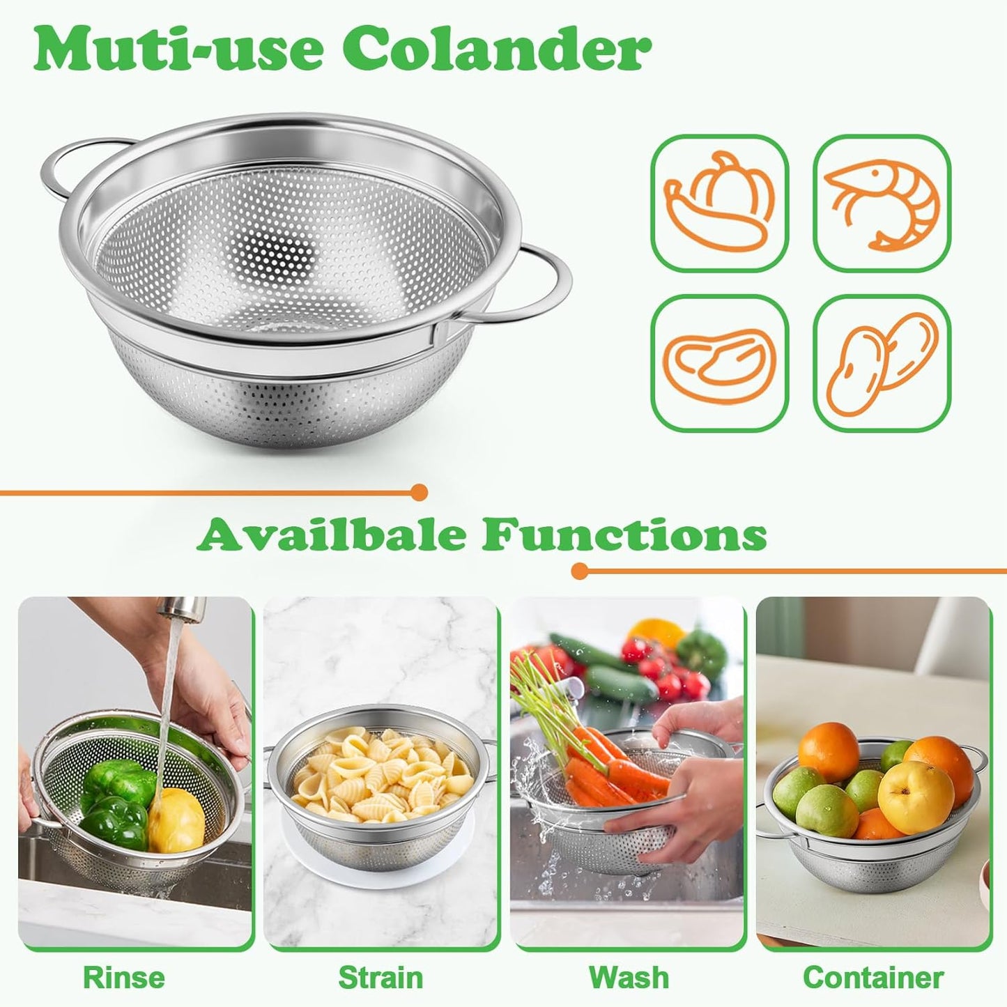 P&P CHEF Colander Strainer Stainless Steel 3 Quart, Metal Micro-Perforated Colander for Kitchen Food, Ideal for Rinsing Washing Draining, Dishwasher Safe, Shiny Silver, 1PC