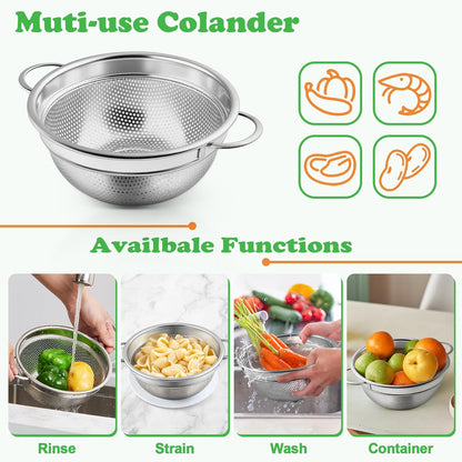 P&P CHEF Colander Strainer Stainless Steel 3 Quart, Metal Micro-Perforated Colander for Kitchen Food, Ideal for Rinsing Washing Draining, Dishwasher Safe, Shiny Silver, 1PC