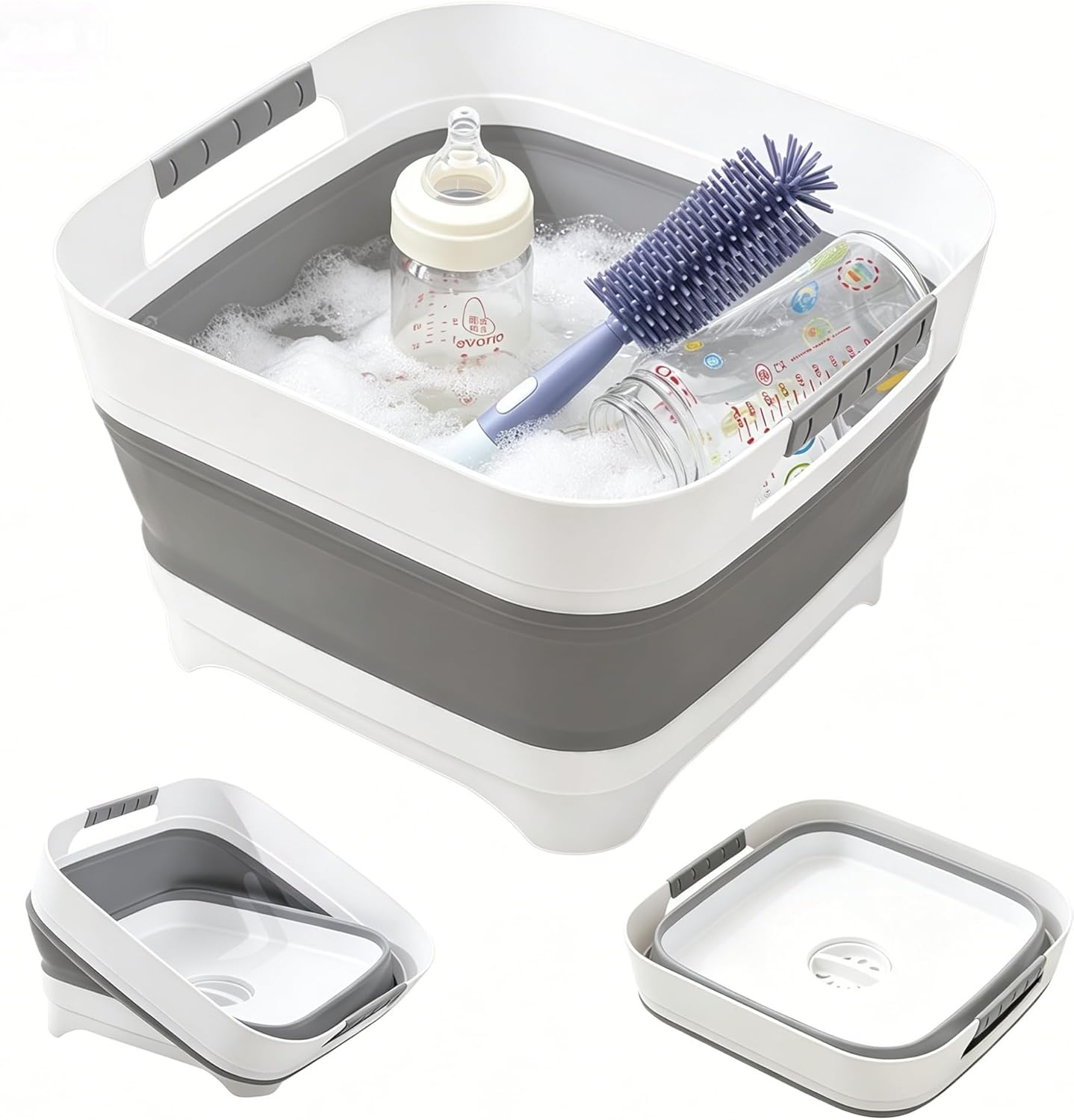 2.6 Gal/10L Collapsible Wash Basin with Drain Plug, Portable Foldable Dish Tub, Large Capacity Space-Saving Sink for Baby Bottles, RV, Camping, Kitchen, Travel & Outdoor Use