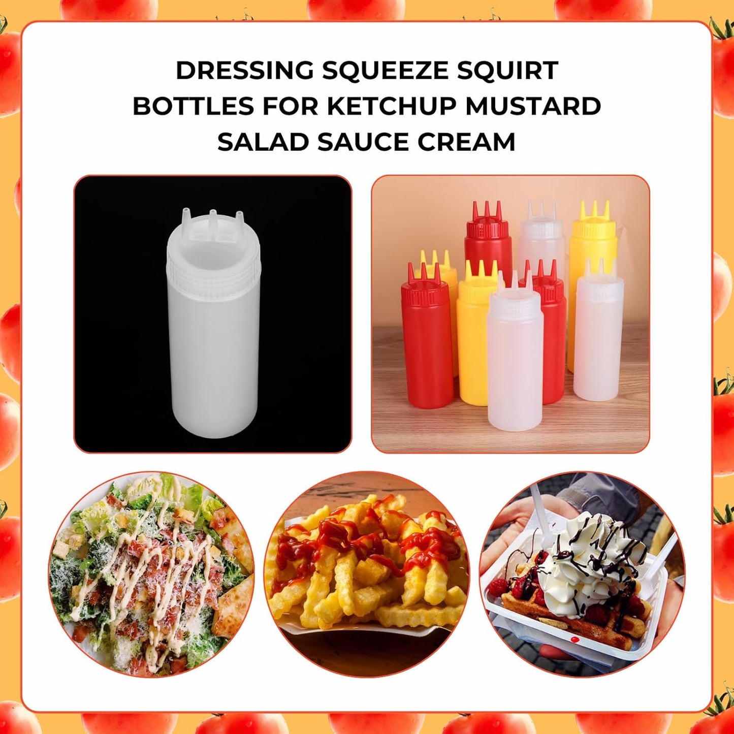 beyonday 3pcs Seasoning Squeeze Bottles, 3 Hole Ketchup Mustard Dressing Squeeze Squirt Bottles, Salad Sauce Condiment Cream Squeeze Bottles for Kitchen Restaurant Bakery (24oz, Multicolor)
