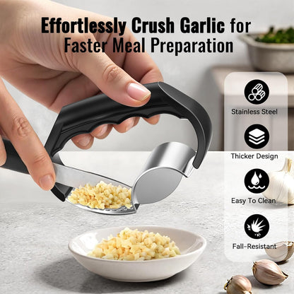 Garlic Press Rocker - NEXZEN Stainless Steel Garlic Crusher, 2-in-1 Easy Kitchen Gadget for Effortless Smashing