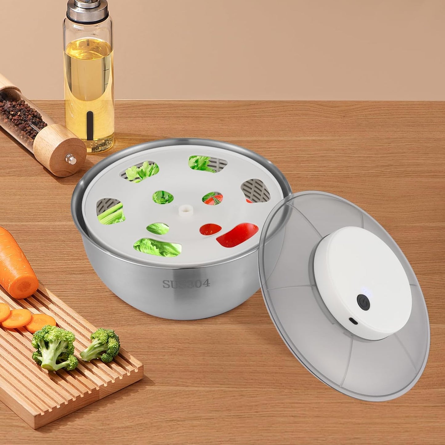 Electric Salad Spinner 5-Quart Lettuce Spinner, 304 Stainless Steel Fruit Washer spinner dryer w/Bowl & Colander,Vegetable Washer Dryer