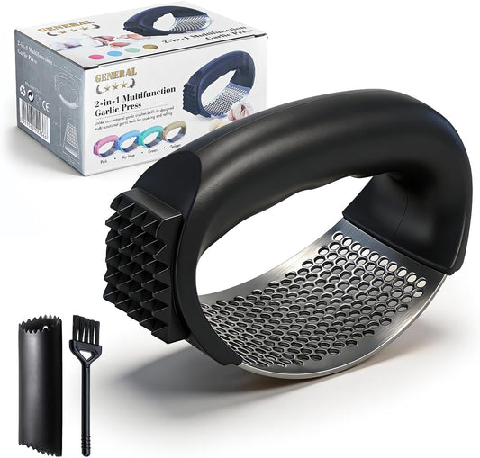 Garlic Press Rocker 304 Stainless Steel Garlic Mincer & Crusher with Silicone Peeler and Cleaning Brush, Ergonomic Dishwasher Safe Garlic Chopper Kitchen Gadget for Seniors & Home Cooks