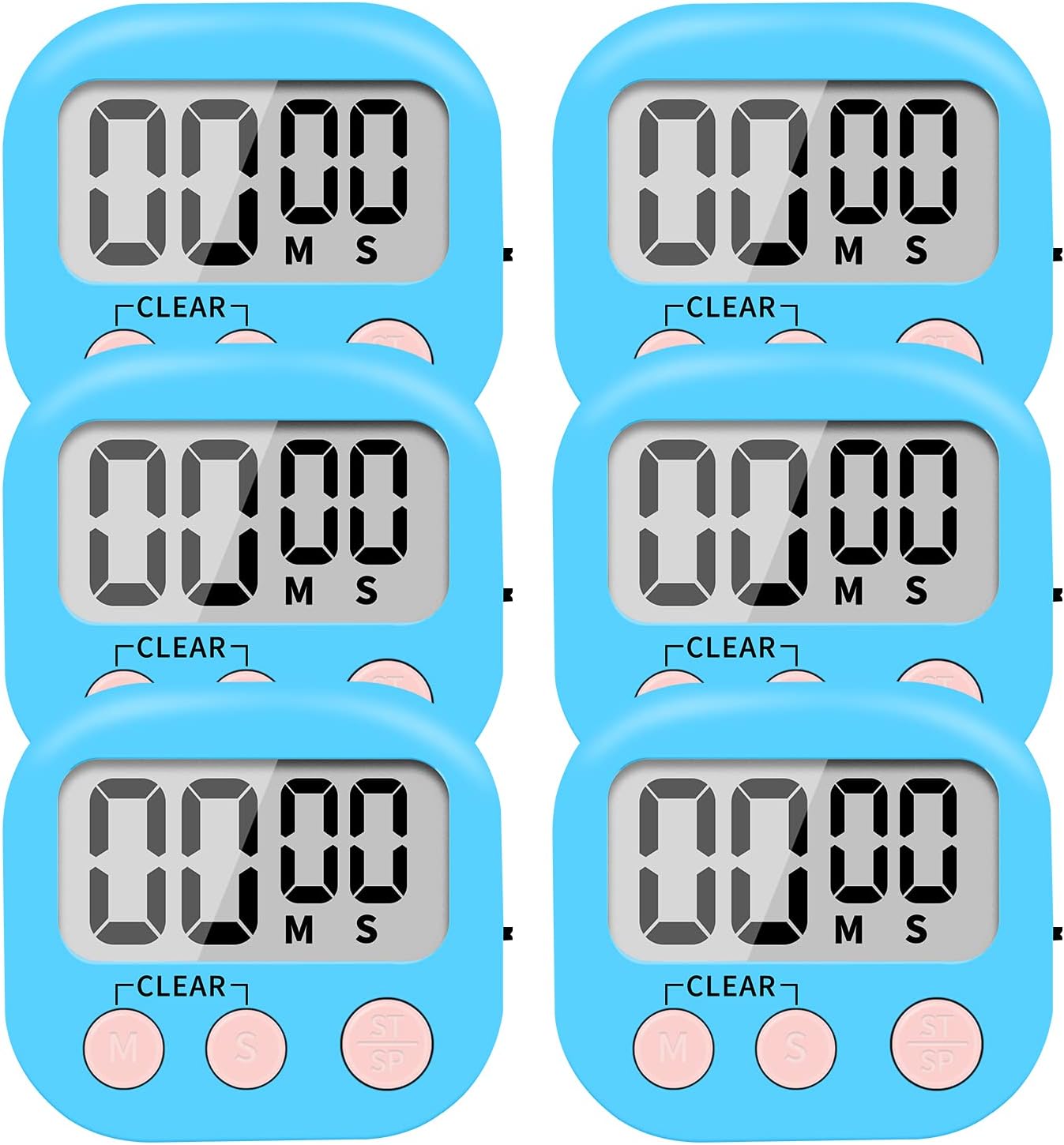 6 Pack Small Digital Kitchen Timer Magnetic Back and ON/Off Switch,Minute Second Count Up Countdown (Red)