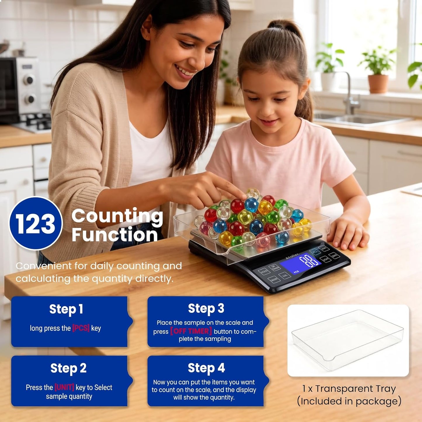 Digital Kitchen Scale 5kg 0.1g High Precision, Multifunctional Food Scale with PCS Counting, Hold & Tare, USB Rechargeable, 6.3x6.3 Inch Large Platform, Stainless Steel, for Cooking Baking Meal Prep