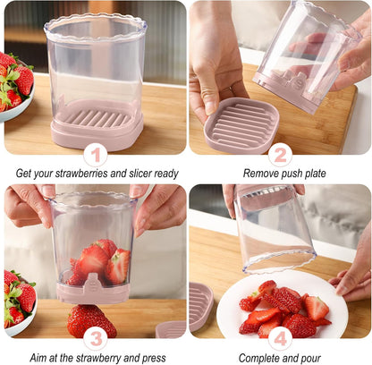 Strawberry Slicer：Fruit Slicer Cup Veggie Salad Speed Cutter for Strawberries Egg Banana Mushroom Cucumber Kiwi the Kitchen Portable Slicing Tool (Pink)