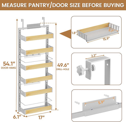 POKIPO 8 Tier Over The Door Pantry Organizer, 2 IN 1 Wall Mount or Hanging Spice Rack Seasoning Shelves with Adjustable Basket, Back of Door Organizer and Storage for Kitchen Cabinet and Room Closet