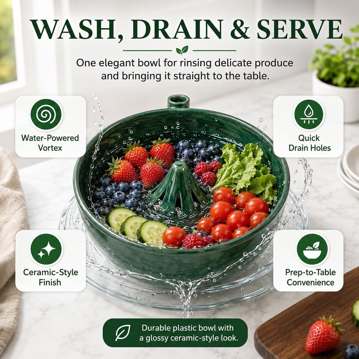 Berry Rinse Bowl Self Spinning 3d Printed Berry Bowl Washer, 360° Vortex Swirl Fruit Washing Colander With Drain Holes, Ceramic Style Automatic Rinse Strainer For Berries Vegetables Kitchen (1PCS)