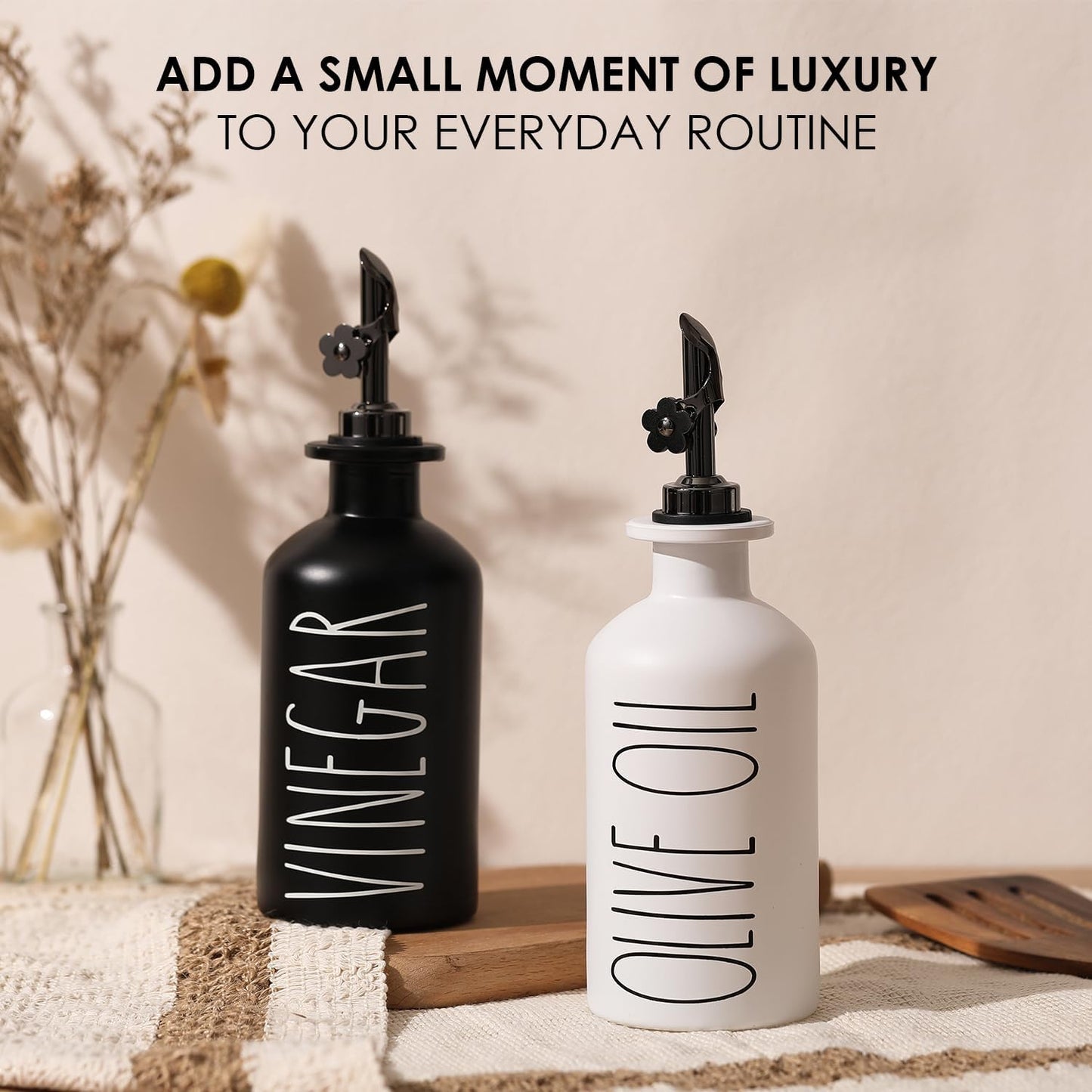 HOMCDALY Premium Olive Oil Dispenser for Kitchen, 11.8oz Glass Oil Bottles with Bamboo Tray, White and Gold Oil&Vinegar Cruet Set, Kitchen Dispenser Bottles with Pourer| Set of 2 (11.8oz –P–Gold)