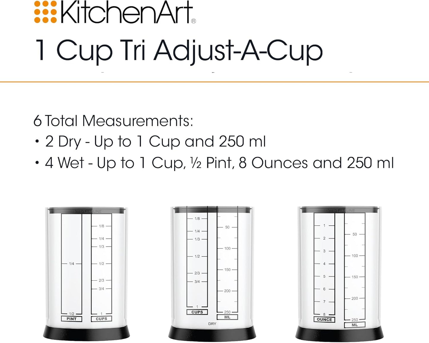 KitchenArt 2 Cup Tri Adjust A-Cup, Easy Pour Measuring Cup, 3.25x3.25x6", Black/White