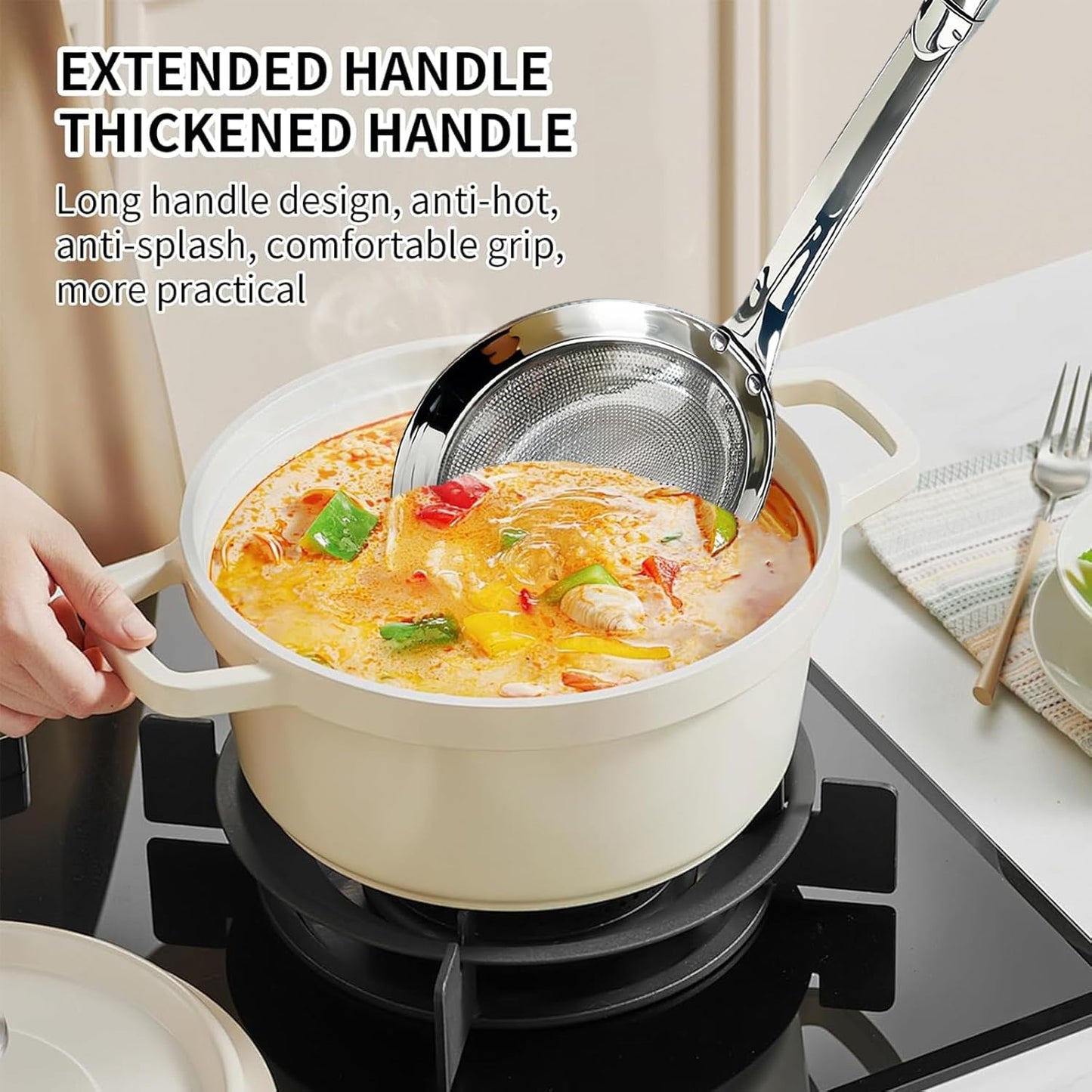 Fine Mesh Stainless Steel Colander - 2024 Upgrade Extra Fine Strainer With Handle, Sieve Spoon for Oil Filter, Food Strainer Kitchen Gadget (Large)
