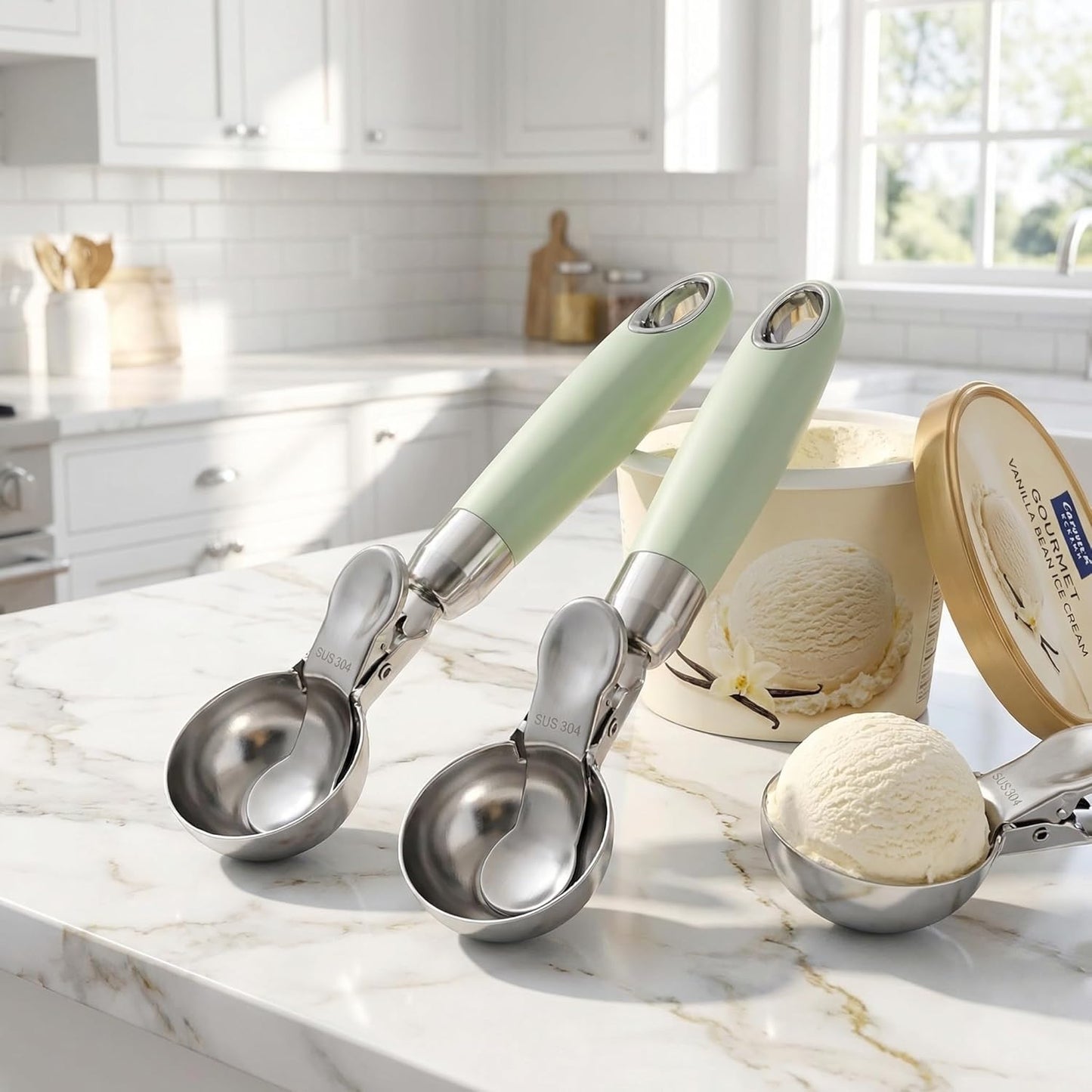 Set of 2 Stainless Steel Ice Cream Scoops - 1.85"x1.85" Deep Scoop with Spring-Loaded Release | Non-Stick Melon Baller for Fruits, Dessert & Cookie Dough