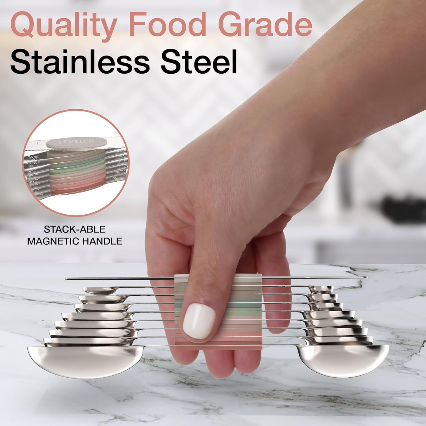CuttleLab Magnetic Measuring Spoons Set - Stainless Steel, Double Ended, Stackable & Nested Design for Dry and Liquid Ingredients, Ideal for Spice Jars, 9-Piece Set with Leveler (Country Chic)