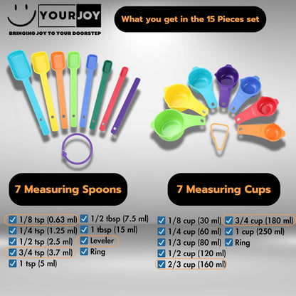 15 Pieces Colorful Plastic Measuring Cups and Spoons Set for Accurate Dry & Liquid Ingredients Measurements, Ideal Kitchen Set for Baking & Cooking – Premium, Durable, Easy-to-Use Set