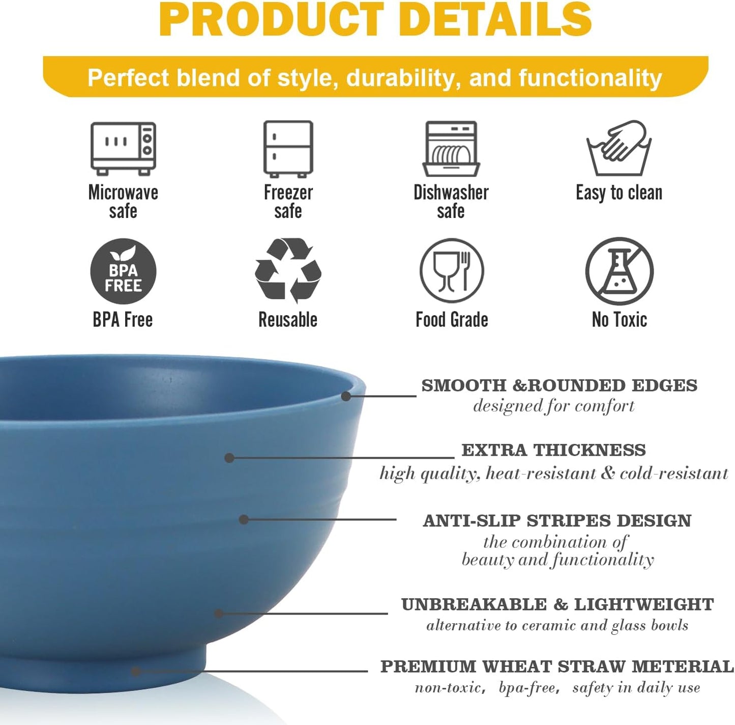 Wheat Straw Bowls Set with Lids, Unbreakable 40 OZ Cereal Bowls Set of 4, Salad Container for Lunch, Microwave & Dishwasher Safe Bowl Set for Kitchen, Picnic, RV, Camping, Multi