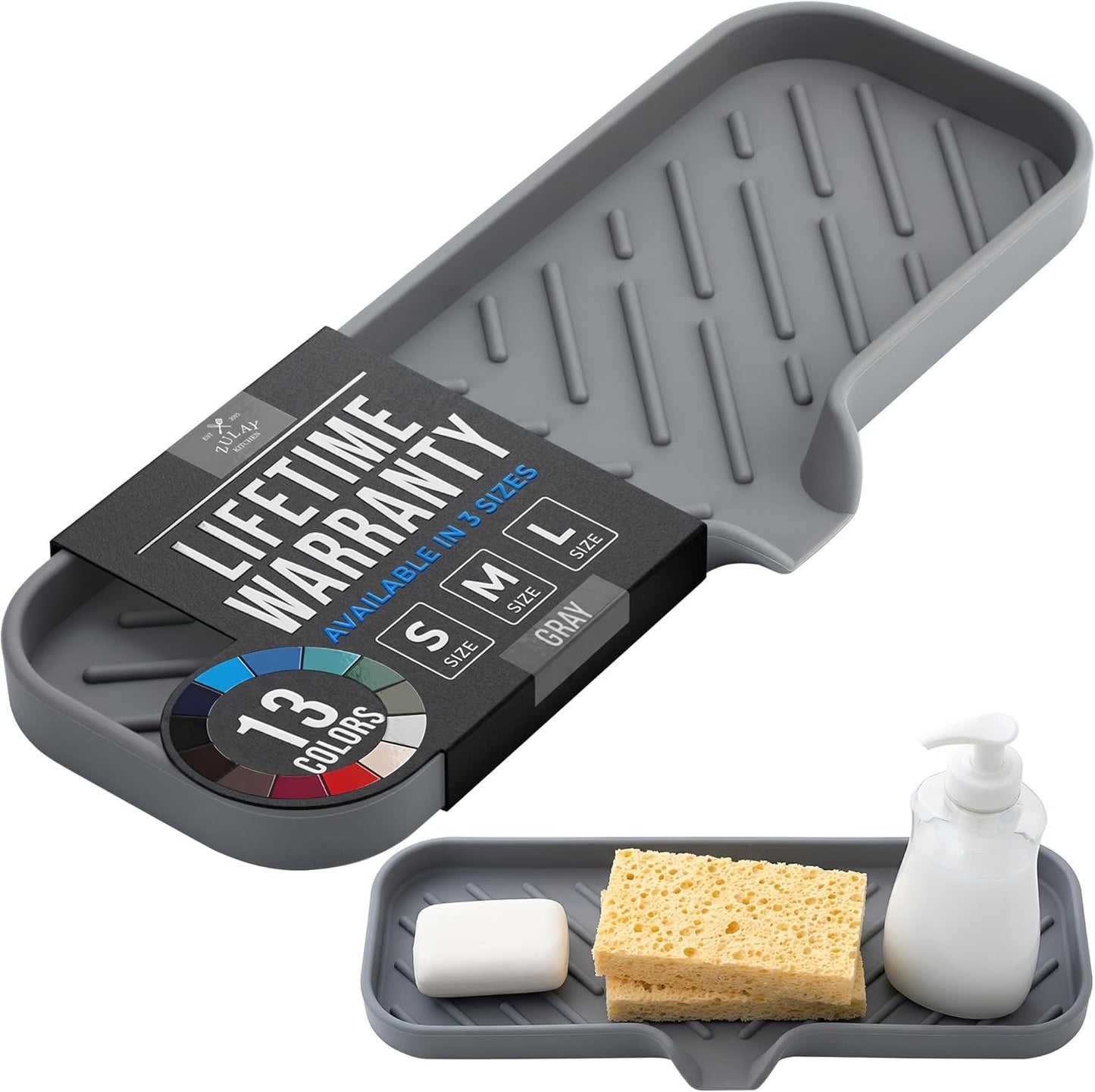 Zulay Kitchen (9x3.5in Sponge Holder for Kitchen Sink - Flexible Heavy-duty Multipurpose Sink Caddy - Counter Organizer for Kitchen, Bathroom, Makeup, Trinkets & More! (Grey)
