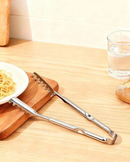 Spaghetti Spoon and Pasta Tong with Grip Teeth and Drain Holes, 2-Piece Non-Stick Silicone Head with Stainless Steel Handle, Heat Resistant Food Grade Utensils for Cooking, Serving, Salad and Noodles