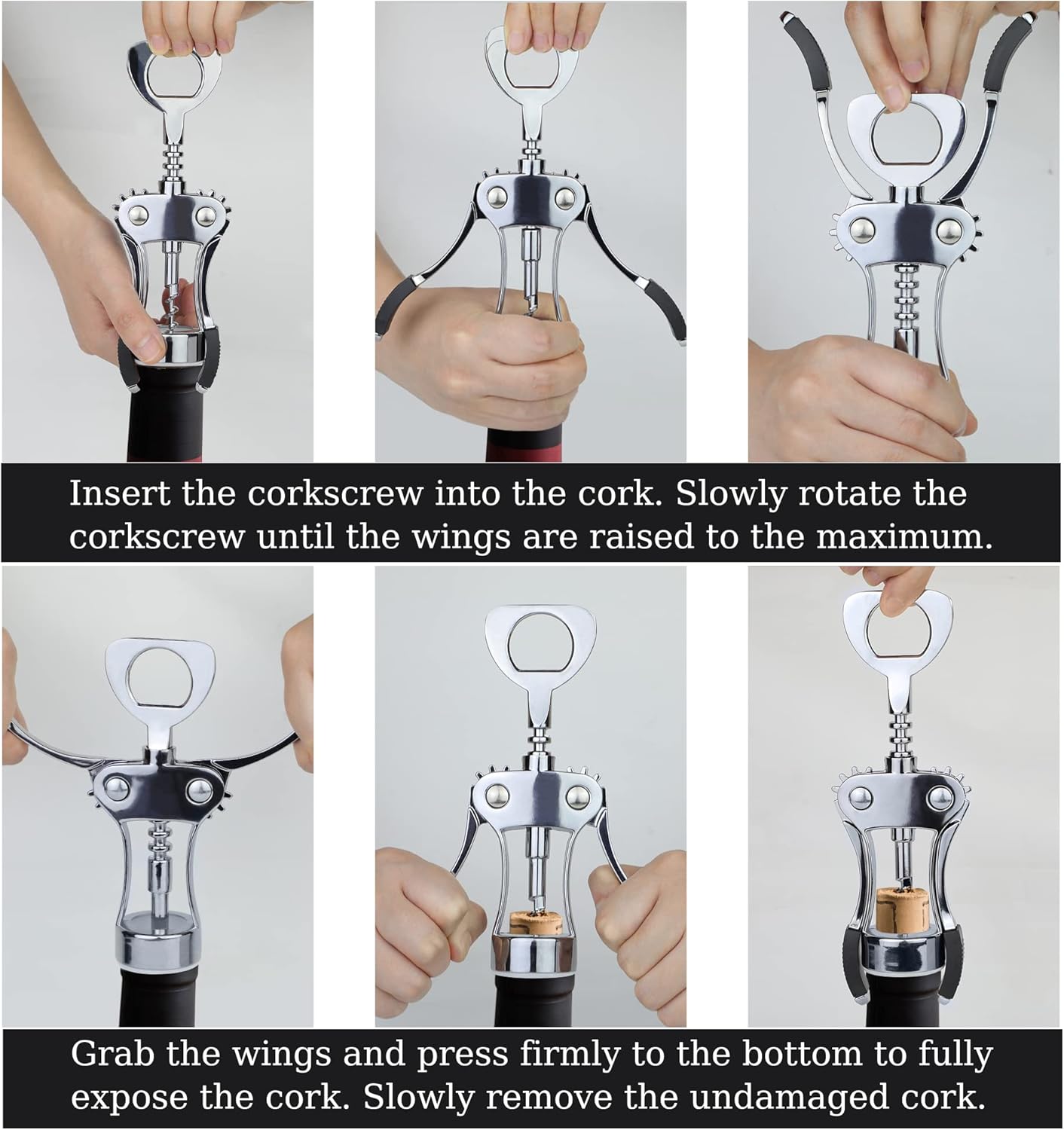 KORCCI Wine Opener, Heavy-Duty Zinc Alloy Wing Corkscrew, Premium Beer Bottle Opener, Multifunctional Wine Accessories with Ergonomic Handle and Sharp Screw, for Kitchen, Bar, Restaurant (SILVER)