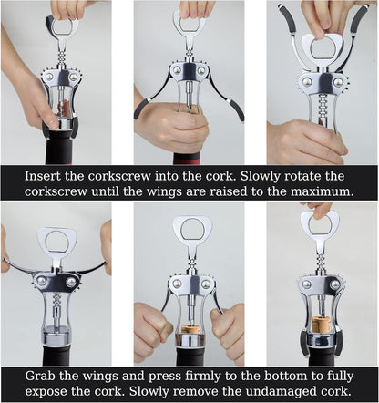 KORCCI Wine Opener, Heavy-Duty Zinc Alloy Wing Corkscrew, Premium Beer Bottle Opener, Multifunctional Wine Accessories with Ergonomic Handle and Sharp Screw, for Kitchen, Bar, Restaurant (SILVER)