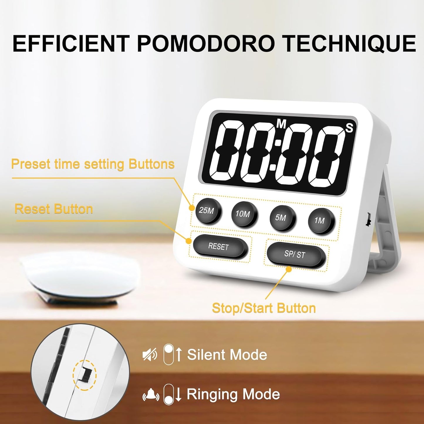 Pomodoro Timer, Productivity Timer with Large Display, Digital Kitchen Timers for Cooking, Settings 1-5-10-25 Minutes, White