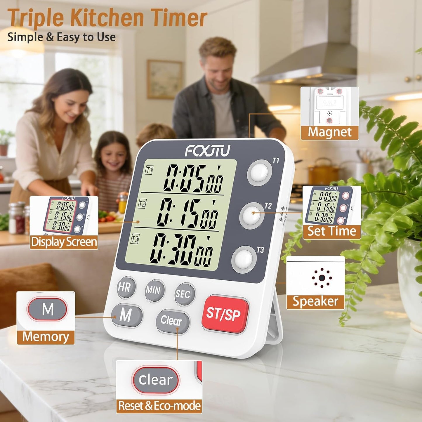 Digital Dual Triple Kitchen Timer, 3 Channels Magnetic Countdown Stopwatch Timer for Cooking, Loud Alarm Large Display Multi Food Memory Timer for Seniors & Teachers Battery Included (Blue)