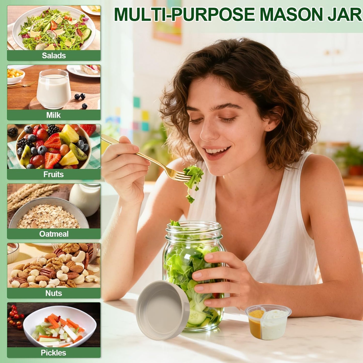 4 Pack Glass Salad Jars with Lids,32oz Mason Jars for Meal Prep,Leakproof Lunch Container with Two Small Built-in Boxes for Wet/Dry Separation of Salad Dressing and Dry Ingredients( Apricot White)