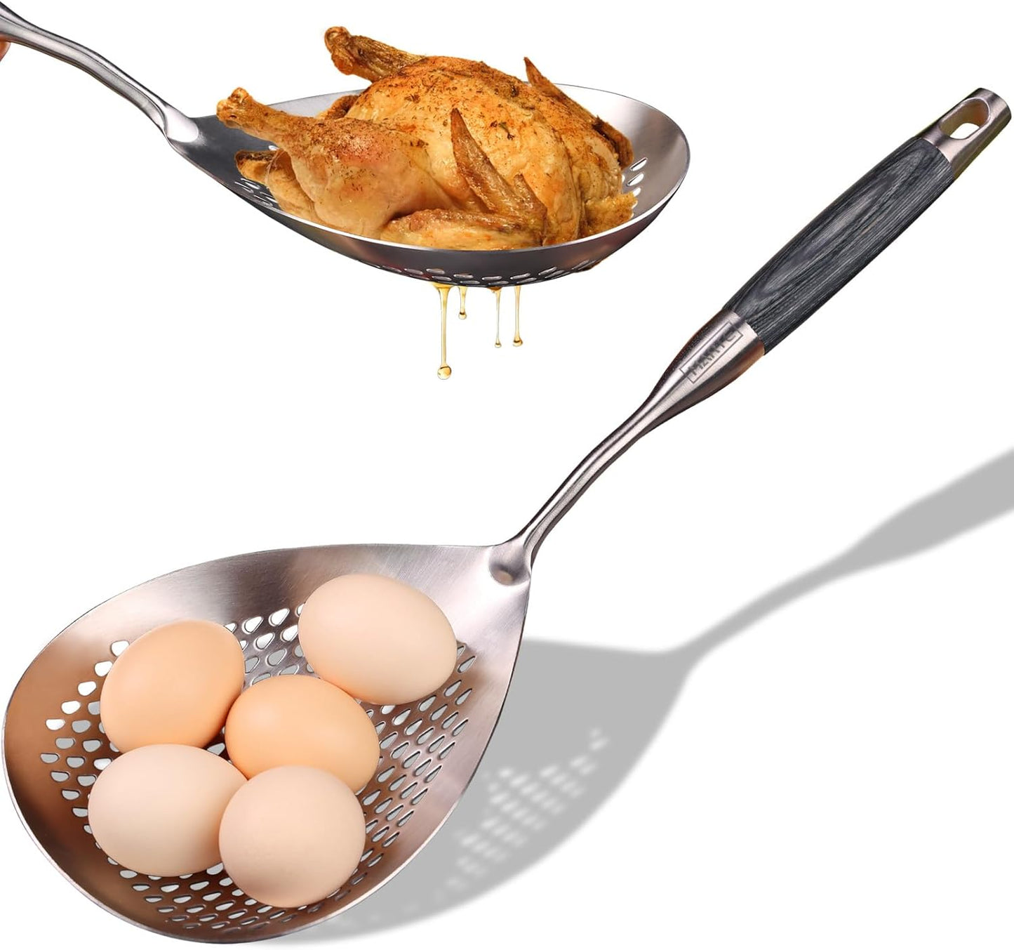 MARTE Skimmer Slotted Spoon Set of 4 - Kitchen Pasta Strainer Spoon - Spider Strainer Skimmer Ladle Spoon with Holder for Cooking and Frying Food, Spaghetti, Vegetable, Dumpling - 14.8In,16.5In,17In