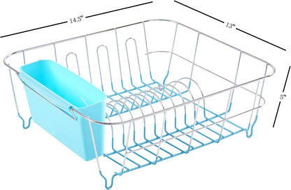Dish Drying Rack & Cutlery Holder 2 Piece Set - Compact Sink-Fitting Dish Drainer with Rubberized Undercoating, Space-Saving Kitchen Organizer for Plates, Cups, Bowls & Utensils in Sink, Silver