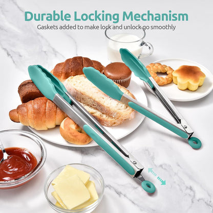 600ºF Heat Resistant Kitchen Tongs: U-Taste 9 inch Silicone Cooking Tong with Firm Sealed Non Stick Rubber Tips & Silicon Coated 18/8 Stainless Steel Handle & Smooth Locking for Serving Salad (Black)