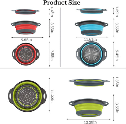 Collapsible Colander 3-Pack Set Space-Saving Foldable Kitchen Strainer with Non-Slip Base Durable Thickened PP+TPE Collapsible Strainers for Pasta, Vegetables, Fruits (Gray-White)