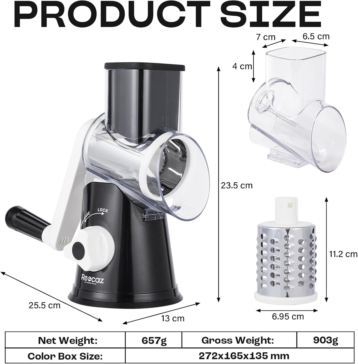 Rotary Cheese Grater Hand Crank - Cheese Shredder Hand Crank with Handle, Vegetable Shredder with 3 Stainless Steel Blades & Strong Suction Base – Round Slicer & Food Chopper for Kitchen